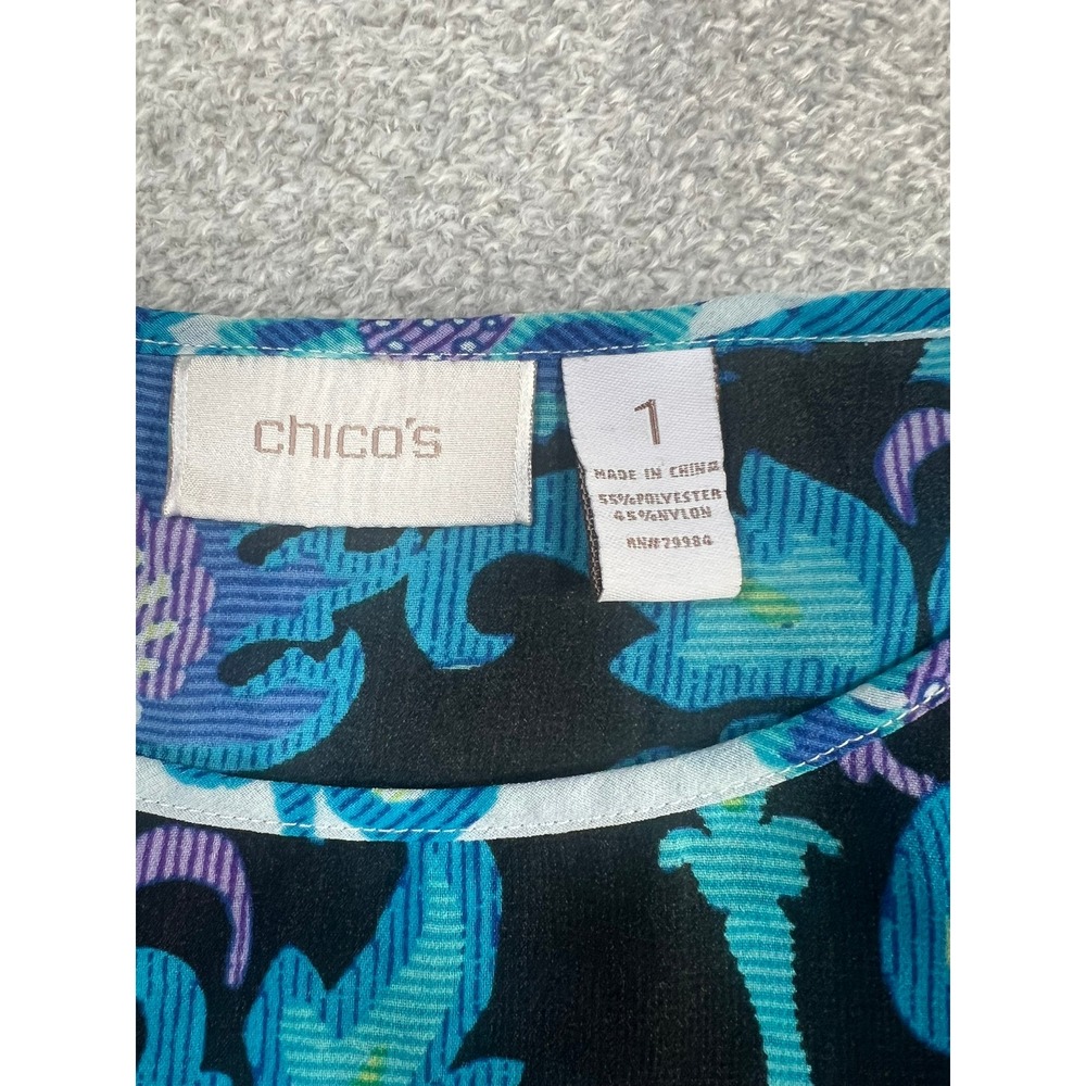 Chicos Womens Blue Floral Paisley Border Print Short Sleeve Blouse Size 1 M - Picture 4 of 7